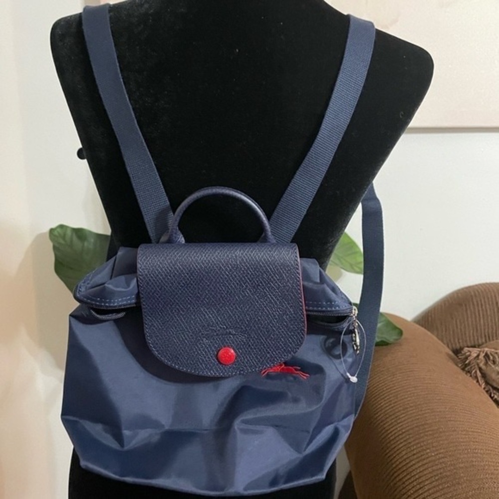 Longchamp Navy Blue Backpack with Red Accents